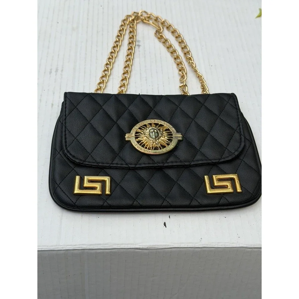 Black Quilted Chain Shoulder Bag Gold Sun Medallion Paris New York Tokyo Rome